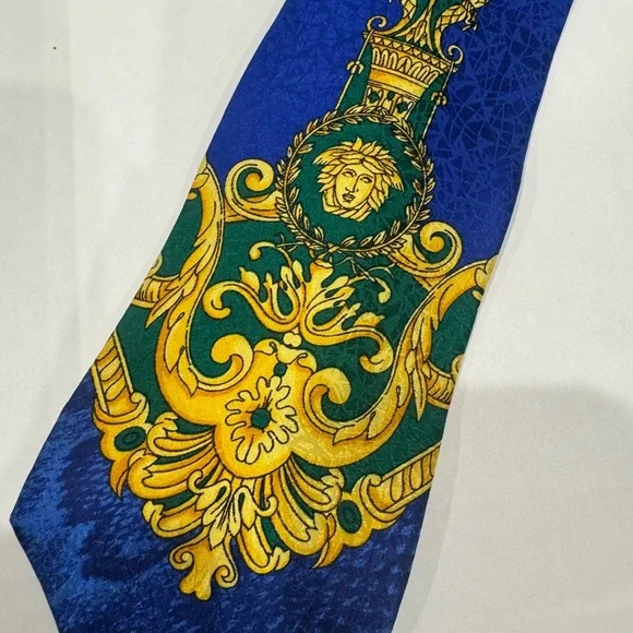 Gianni Versace Vintage Blue and Gold Silk Tie - Picture 2 of 3